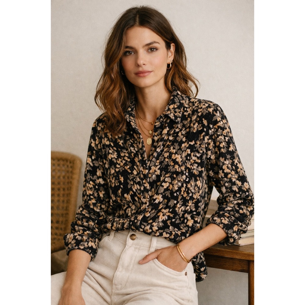 J Jill Corduroy Top Shirt Size Small Abstract Button Front dark Romantic